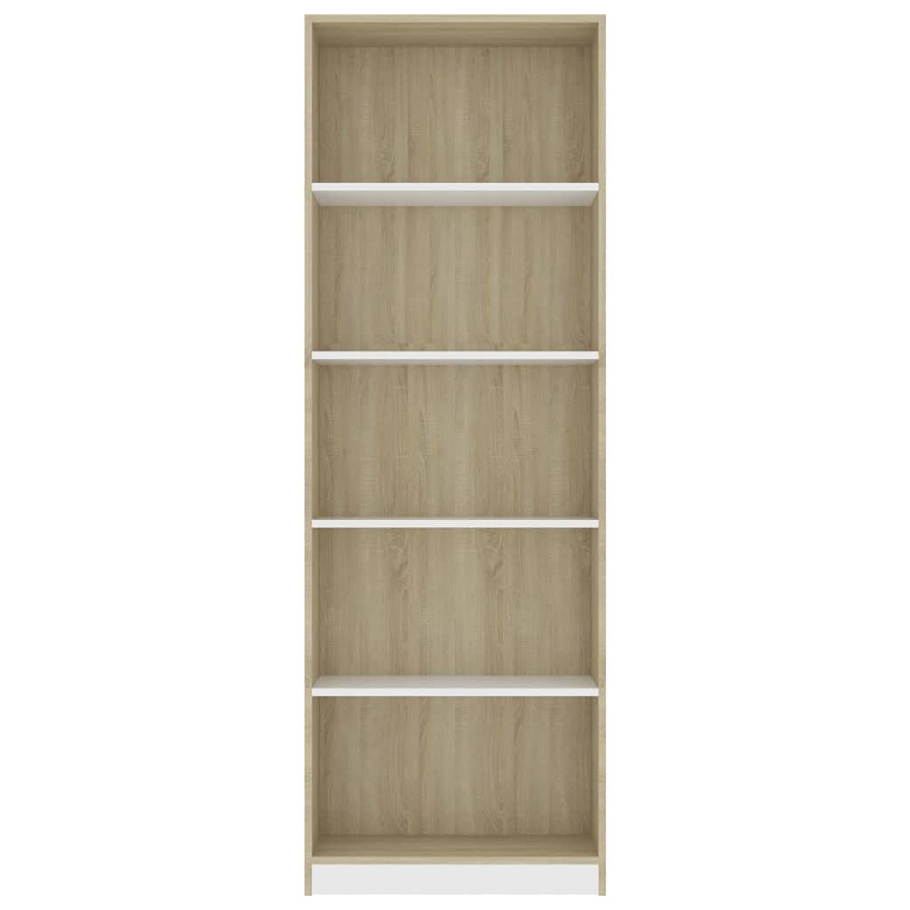 vidaXL Modern 5-Tier Book Cabinet in White and Sonoma Oak - Durable Engineered Wood - Spacious Shelves for Book Storage and Display - Minimalist Design - Easy Assembly