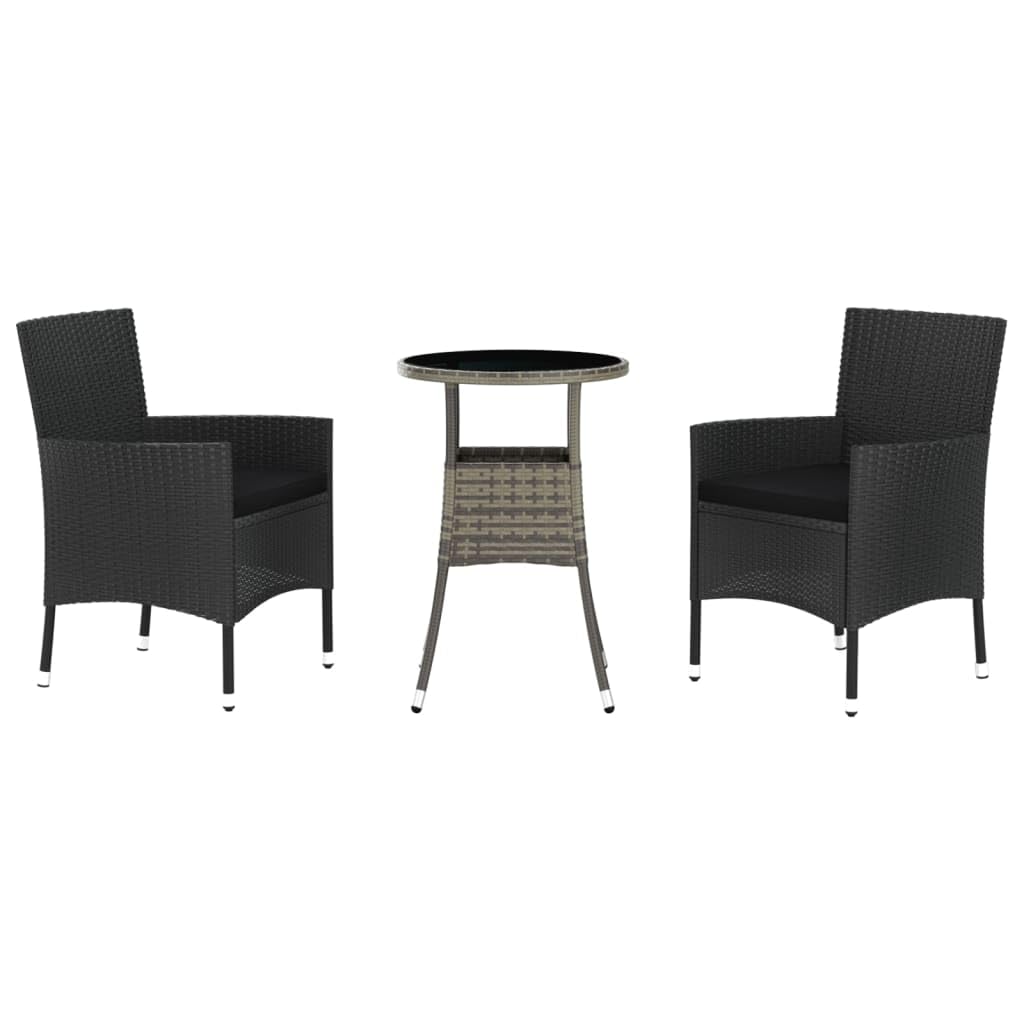 vidaXL 3-Piece Patio Bistro Set - Black Poly Rattan with Cushions, Powder-Coated Steel Frame, Suitable for Outdoor, Garden, Deck