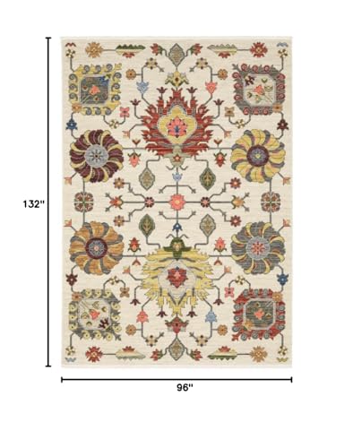 HomeRoots 509343 8 x 11 ft. Ivory Yellow Rust Green Gray Pink Orange Blue & Gray Oriental Power Loom Stain Resistant Rectangle Area Rug with Fringe, Rectangular