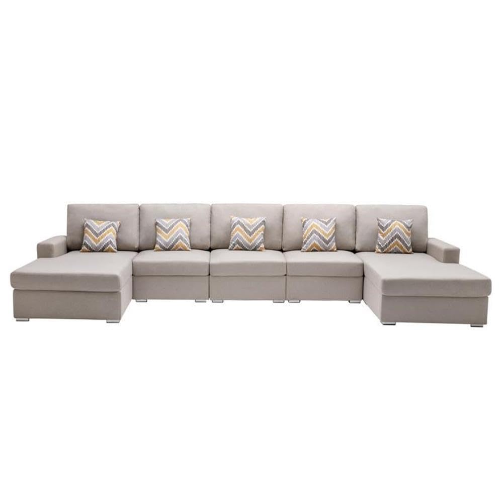 Lilola Home Nolan Beige Linen Fabric 5Pc Double Chaise Sectional Sofa with Pillows and Interchangeable Legs