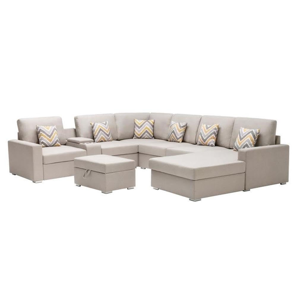 Lilola Home Nolan Beige Linen Fabric 8Pc Reversible Chaise Sectional Sofa with Interchangeable Legs, Pillows, Storage Ottoman, and a USB, Charging Ports, Cupholders, Storage Console Table