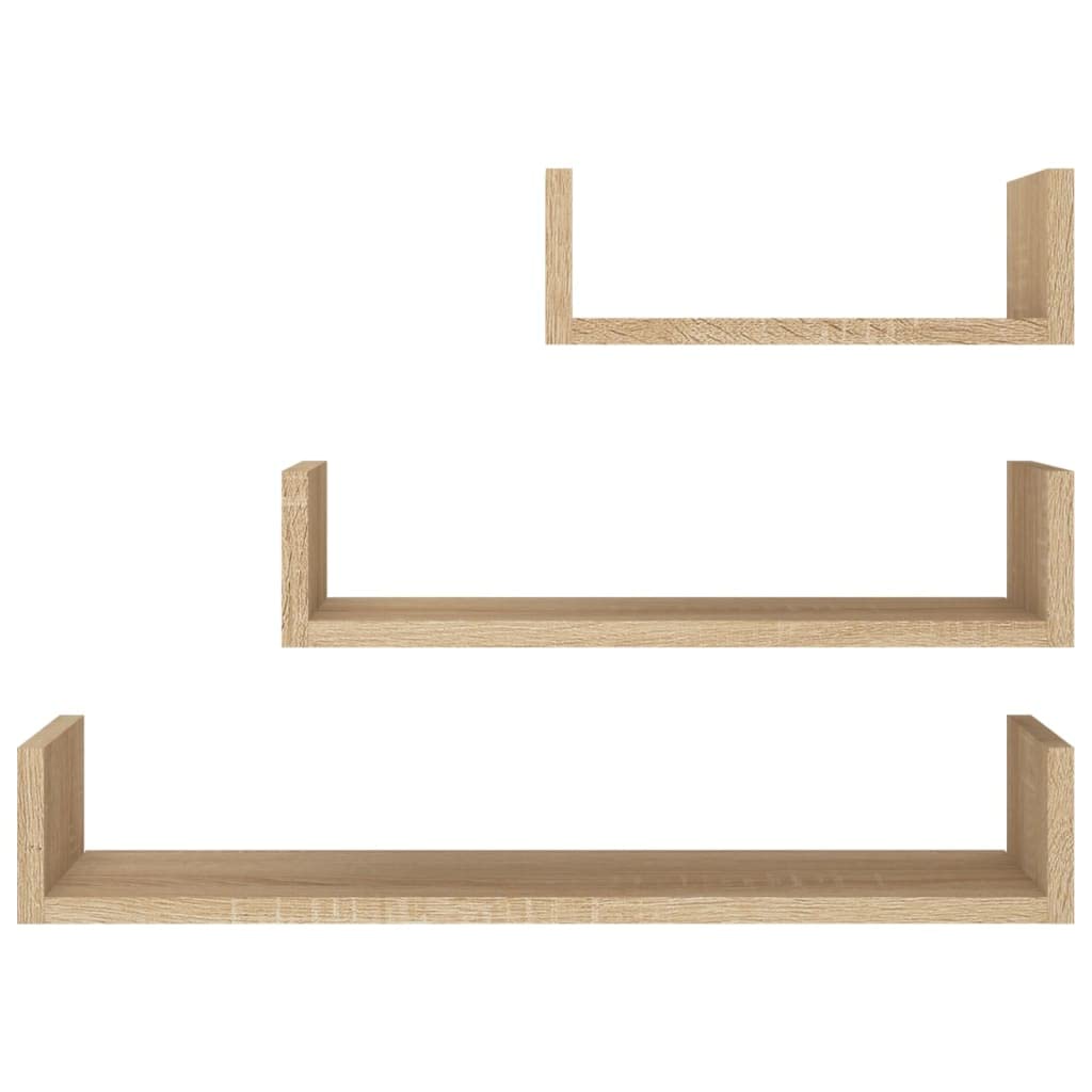 vidaXL - Set of 3 Floating Wall Shelves in Sonoma Oak - Engineered Wood U-Shaped Shelves for Kitchen, Living Room, Office