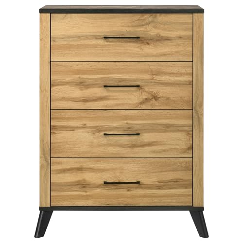 Coaster Home Furnishings Kaywood Mid-Century Modern Wood 4-Drawer Bedroom Chest of Drawers Chiffonier Clothing Storage Cabinet Bedroom Armoire Tall Dresser Weathered Brown and Natural Pine 225005