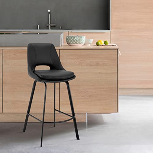 HomeRoots 26' Elegant Black Faux Leather and Black Metal Armless Swivel Counter Stool
