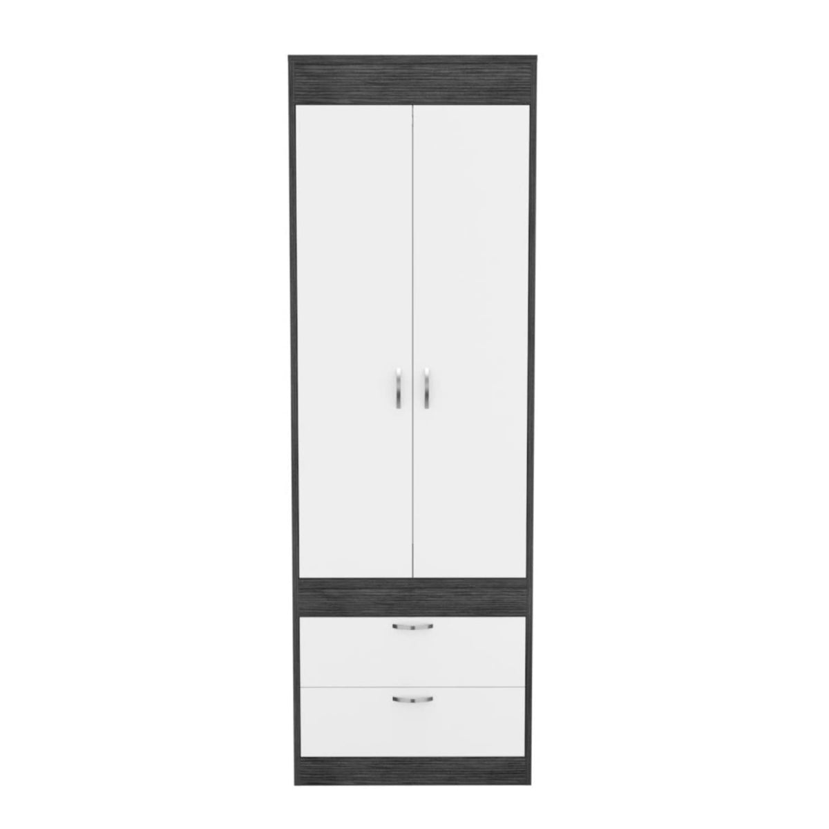 Armoire 70H, Double Door Cabinet, 2 Drawers, Metal Handles, Rod, Smokey Oak/White