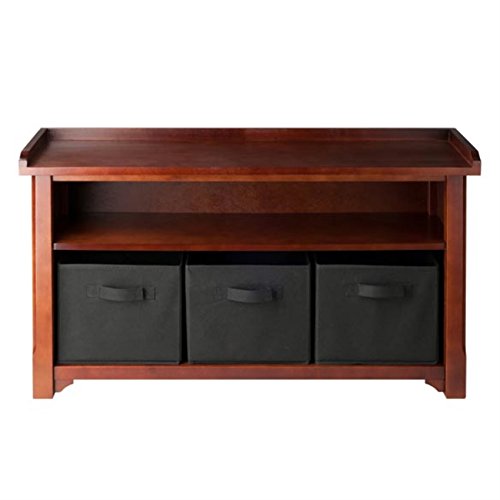 Ergode Colin Bench | Versatile & Stylish | Dark Faux Leather Cushion | 2 Corn Husk Baskets | Slated Shelf | Ample Comfort | Chocolate Brown | Sturdy Wood | (94201-VV)