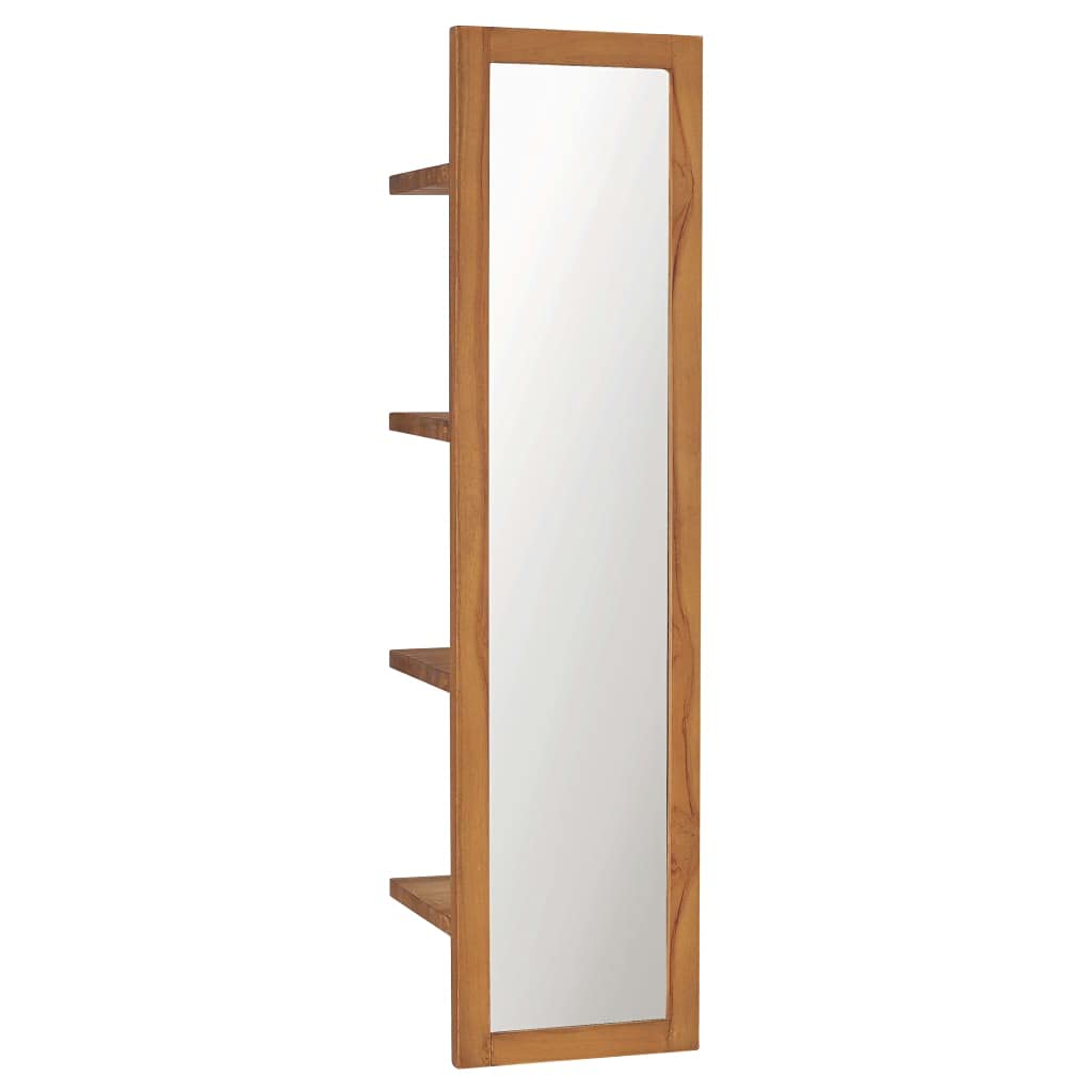 Vidaxl Solid Teak Wood Wall Mirror With Shelves Wooden Mounted Cosmetic Mirror Bedroom Bathroom Home Living Room Indoor Decor Storage