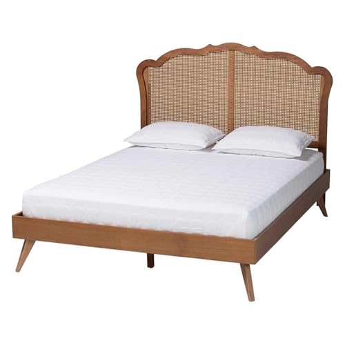 Baxton Studio Aithan Mid-Century Walnut Brown Wood And Rattan King Size Platform Bed