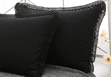 Black Lace Bed Pillow Shams Eyelet Crocheted Pillowcases Queen Size Pure Cotton 2Pcs 30'X20'