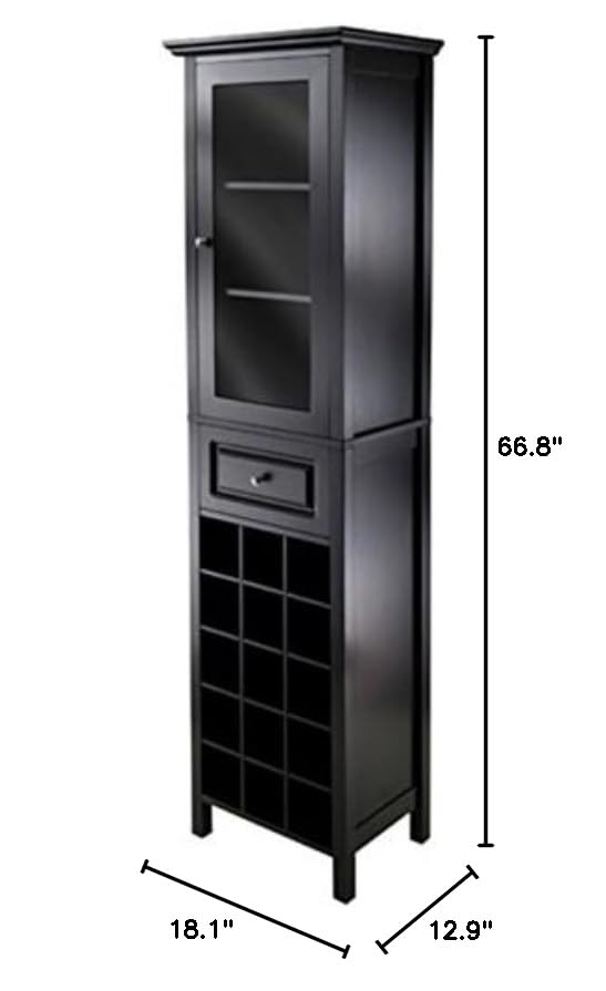 Ergode Wood Burgundy Wine Tower | Stylish & Practical Storage Solution | 15 Bottle Slots | Glass Door | 3 Shelves | Drawer | Composite Wood | Easy Assembly | (20667-VV)