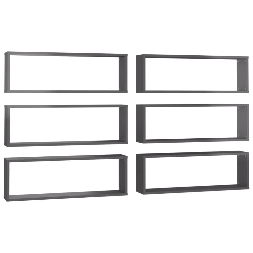 vidaXL Wall Cube Shelves 6 pcs High Gloss Gray 31.5"x5.9"x10.4" Engineered Wood