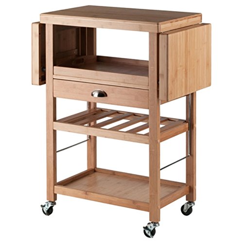 Barton Kitchen Cart: Expandable, Eco-Friendly Bamboo, Wine Rack, Removable Tray, Storage Shelves, Locking Casters. 45.2" W x 14.8" D x 35.4" H.