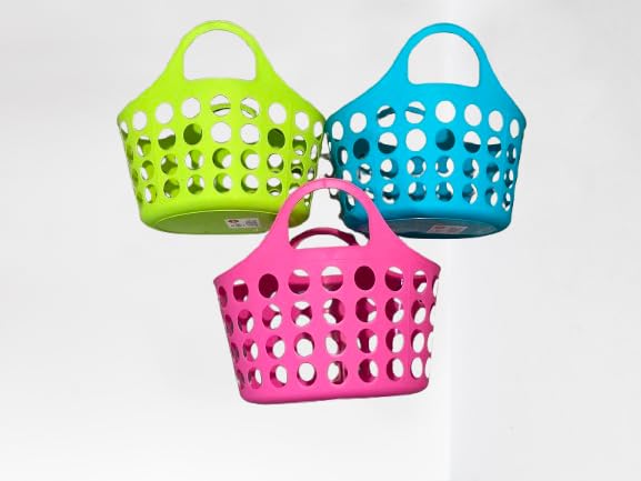 Greenbrier KDZO Set of 3 Colorful Plastic Totes with Handles in Teal, Blue, & Hot Pink Plastic Carrying Basket, Beach, Grocery C