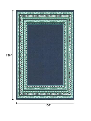 HomeRoots Polypropylene 9’x13’ Navy and Green Geometric Indoor Outdoor Area Rug