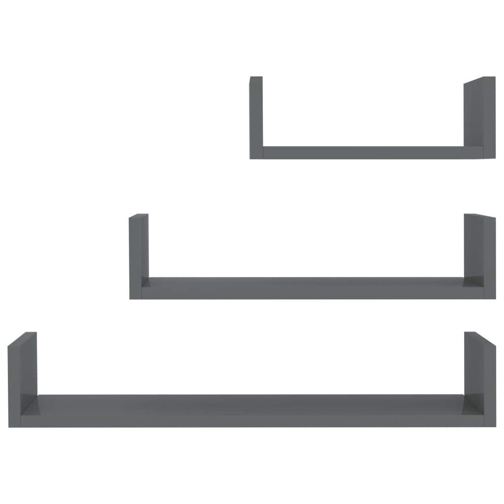 vidaXL Modern High Gloss Gray Wall Display Shelves Set of 3 - Durable Engineered Wood Construction, Stylish & Functional, Great for Kitchen, Living Room, and Bedroom