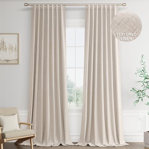 Joywell Oatmeal Tan Linen 100% Blackout Curtains 108 Inch Long, Rod Pocket/Back Tab/Hook Belt/Clip Rings,Thermal Insulated Drapes For Bedroom Living Room Boho With Hooks(2 Panels,52 X 108,Oatmeal)