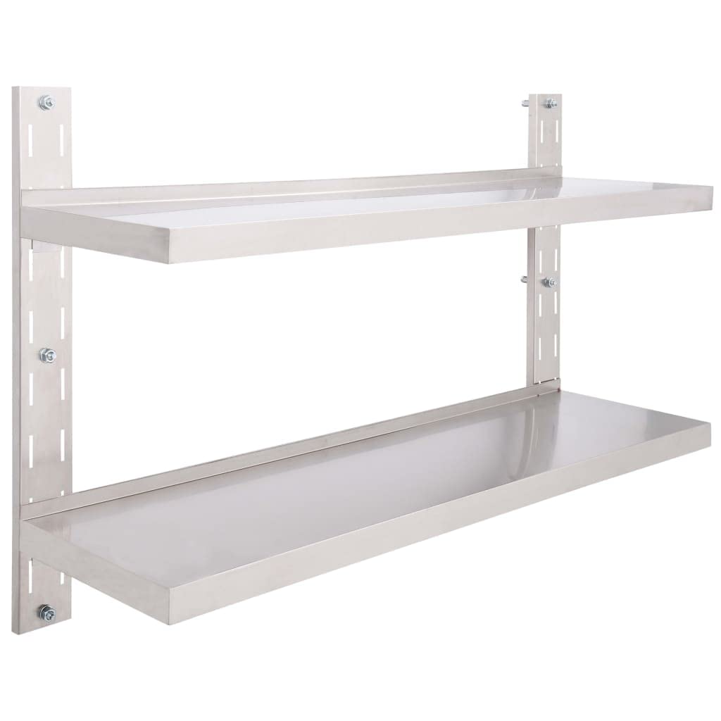 vidaXL 2-Tier Kitchen Wall Shelf Stainless Steel - 47.2&quot;x11.8&quot;, Adjustable Mounting, 88.2lbs Load Capacity, Hygienic Design, Space Saving, Durable, with Wall Mounting Brackets