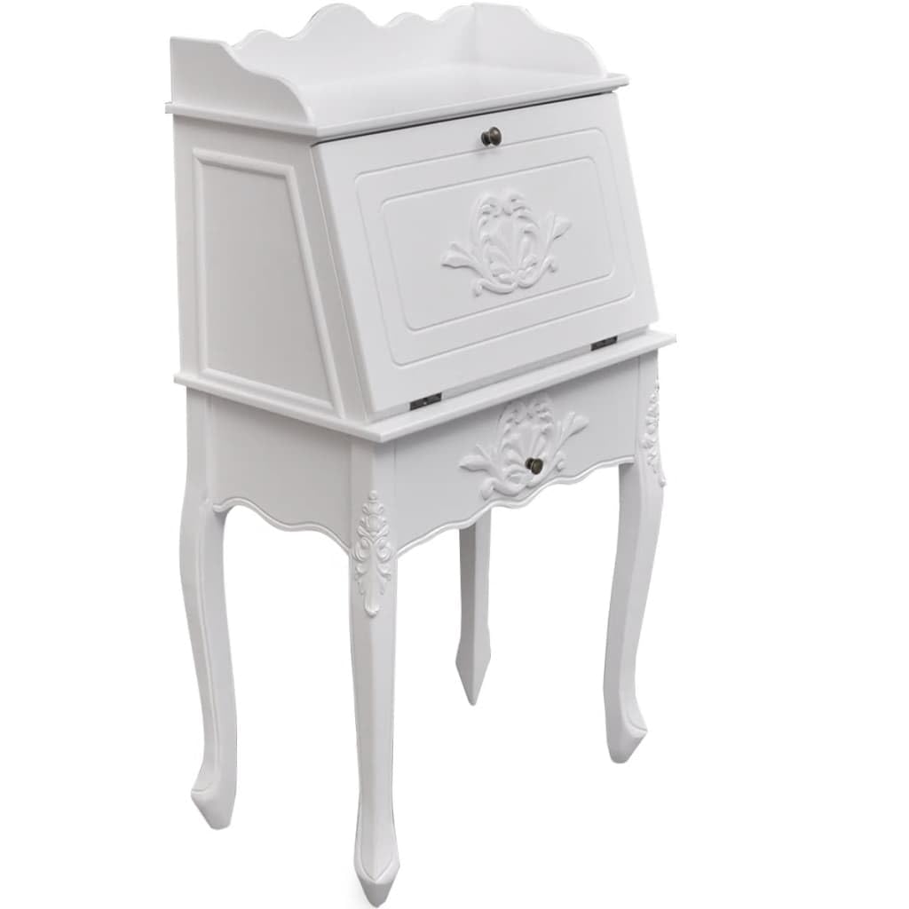 vidaXL Wooden French Secretary Desk - Writing Desk with Drawer and Shelves - Elegant Antique Look - Resistant MDF and Pinewood Construction - White Color - 24&quot; x 14&quot; x 44&quot;