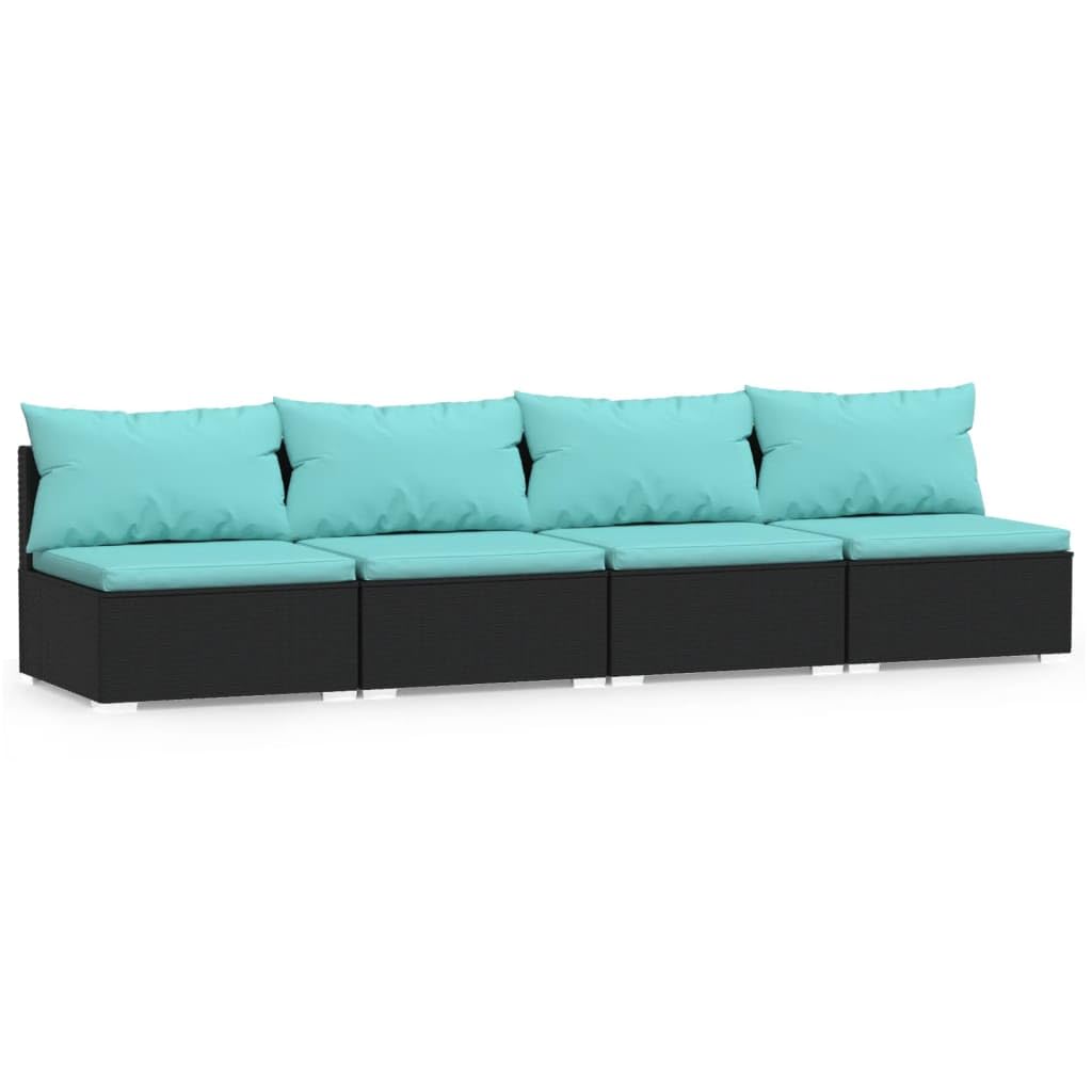 vidaXL 4-Seater Sofa Set - Black Poly Rattan Outdoor Patio Lounge Set with Aqua Cushions and Weather-Resistant Materials