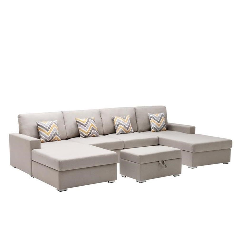 Lilola Home Nolan Beige Linen Fabric 5Pc Double Chaise Sectional Sofa with Interchangeable Legs, Storage Ottoman, and Pillows