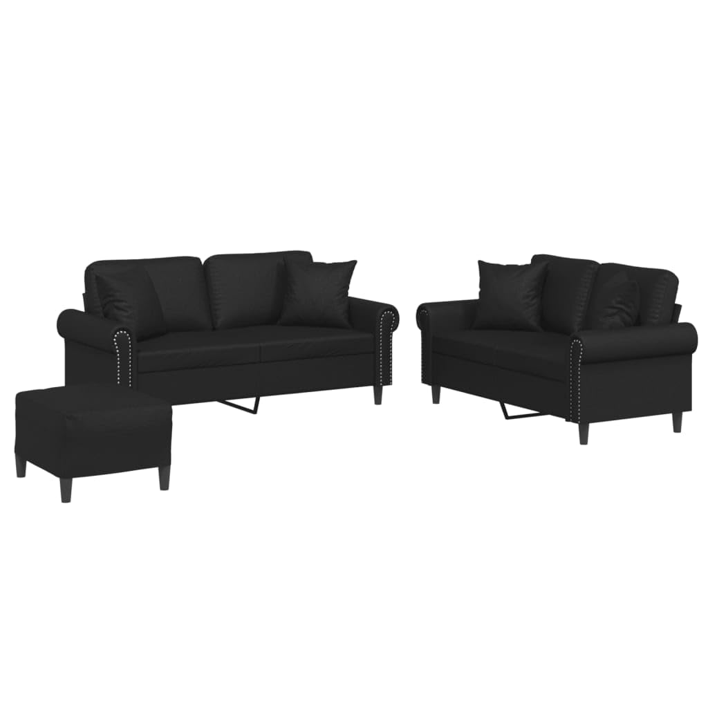 vidaXL Black Faux Leather 3-Piece Sofa Set with Pillows and Footstool - Modern Comfortable Seating for Living Room or Lounge Area
