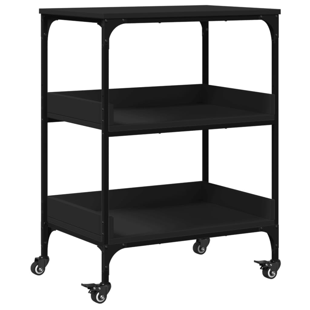 vidaXL Black Kitchen Trolley - 23.6"x16.1"x31.7" Engineered Wood Organizer with Wheels and Brakes for Storage and Mobility