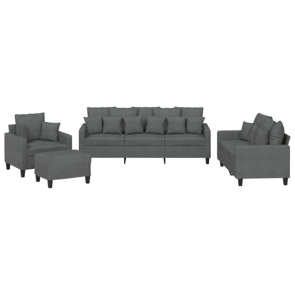 vidaXL 4 Piece Sofa Set with Pillows – Comfortable and Durable Seating in Dark Gray Fabric – Including 3-Seater Sofa, 2-Seater Sofa, Single Chair, and Versatile Footstool