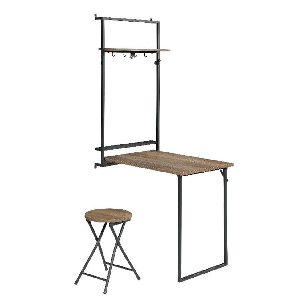 Coaster Home Furnishings Riley Foldable Wall Desk with Stool Rustic Oak and Sandy Black