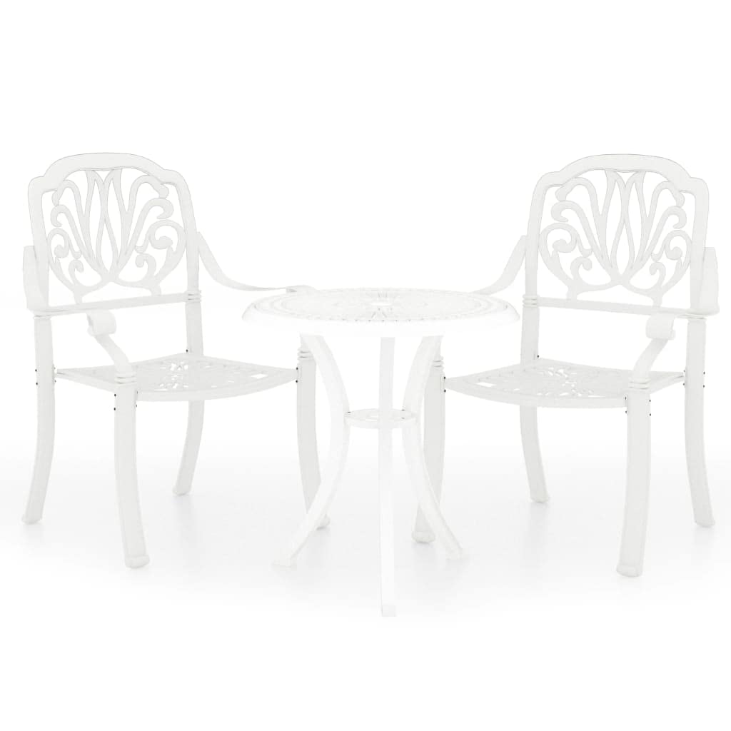vidaXL Patio Bistro Set - 3 Piece Cast Aluminum Outdoor Furniture Set - Includes 2 Garden Chairs and 1 Table with an Umbrella Hole - Sturdy and Weather-Resistant - Elegant Design – White