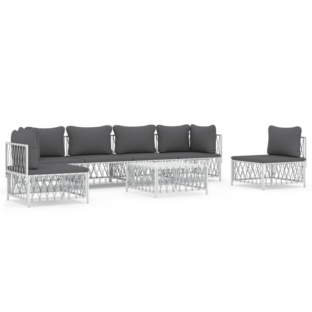 vidaXL 7-Piece White Patio Lounge Set with Cushions - Durable Woven Fabric and Powder-Coated Steel - Modular Outdoor Sofa Set - 