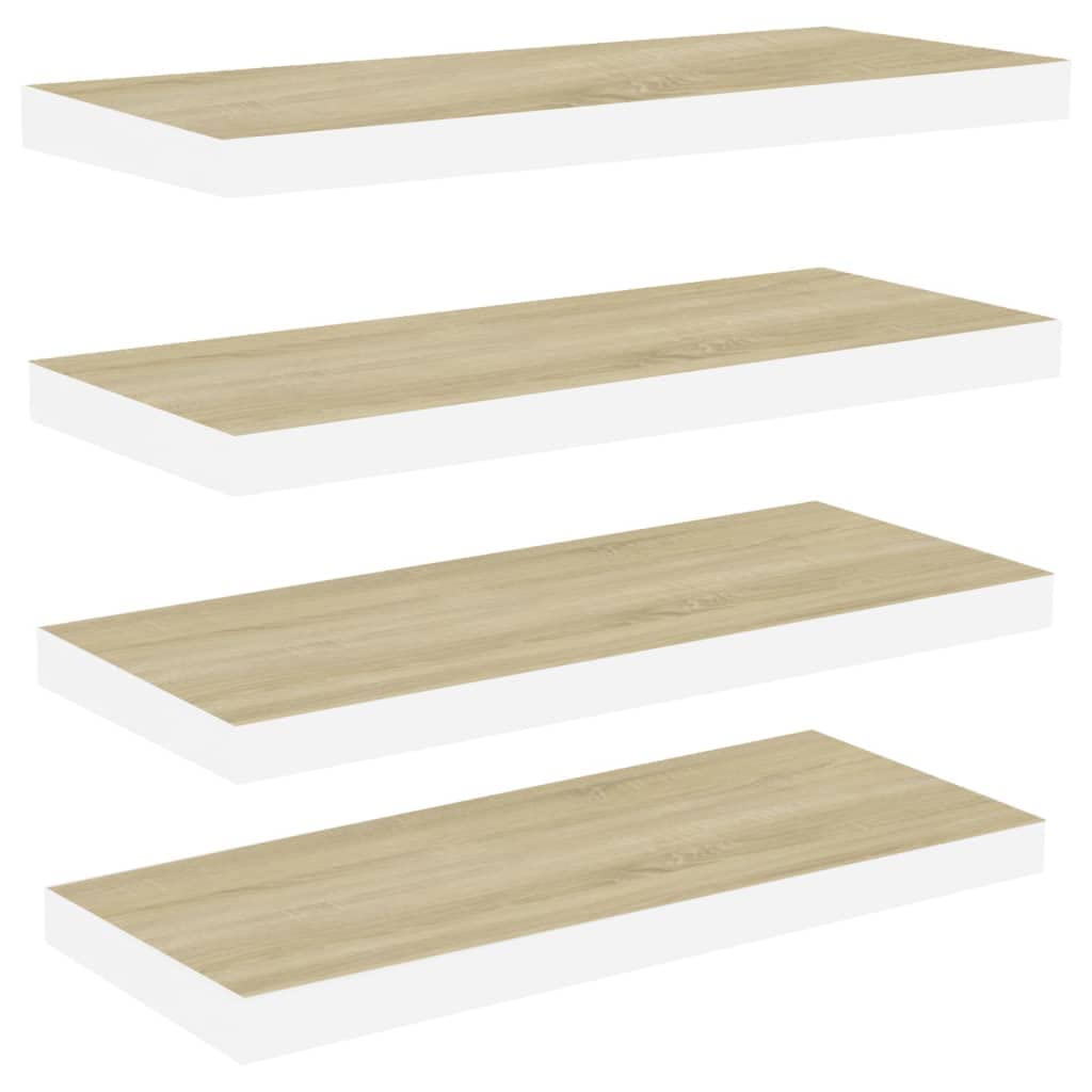 vidaXL Floating Wall Shelves – Modern Design, Invisible Mounting System, Oak & White, Honeycomb MDF Material, 31.5&quot;x9.3&quot;x1.5&quot; – Set of 4