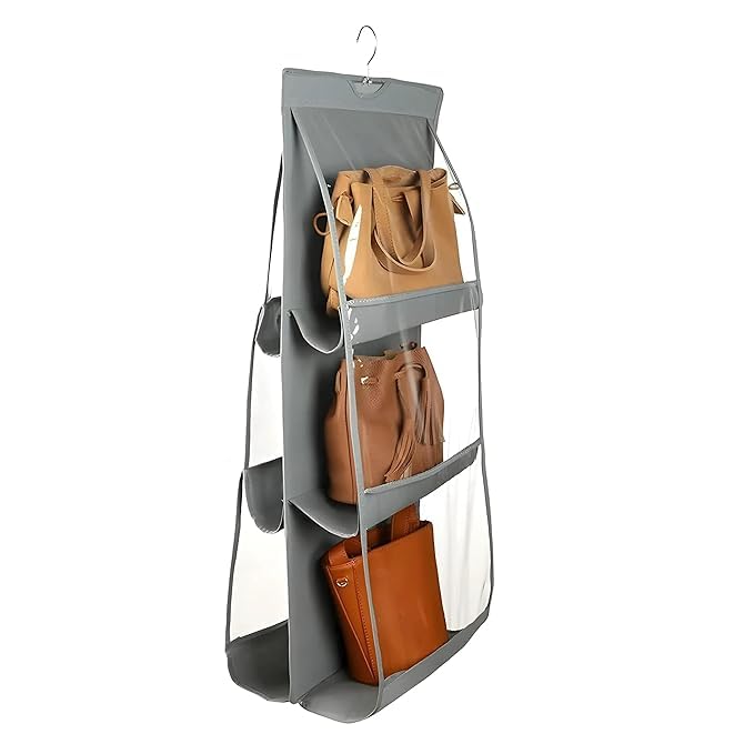 Shop Home Dust Proof Hanging Handbag Purse Clutch Organizer With 6 Large Compartments & Hanger (Graycolour)
