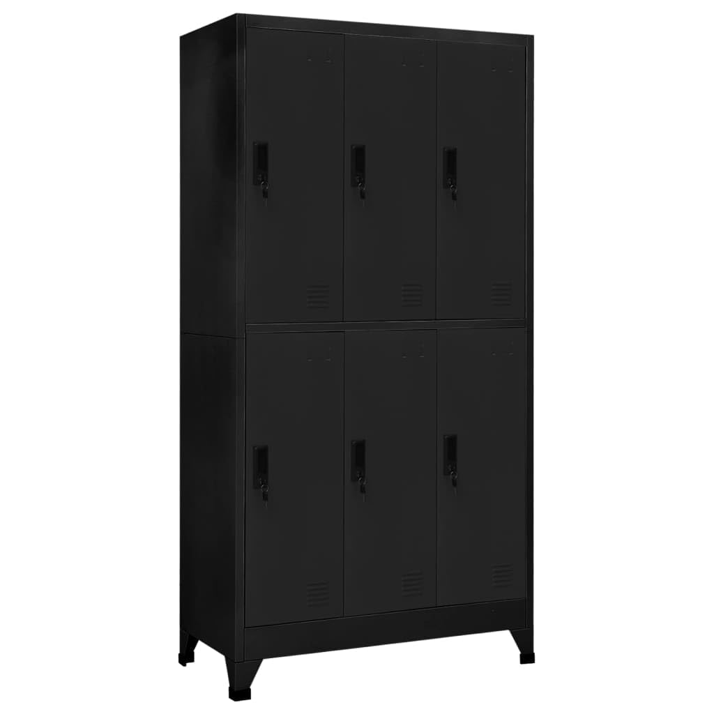 vidaXL Steel Locker Cabinet with 6 Lockable Doors and Hangers, Black - 35.4&quot;x17.7&quot;x70.9&quot; - Durable and Easy to Clean Storage Solution for Schools and Offices