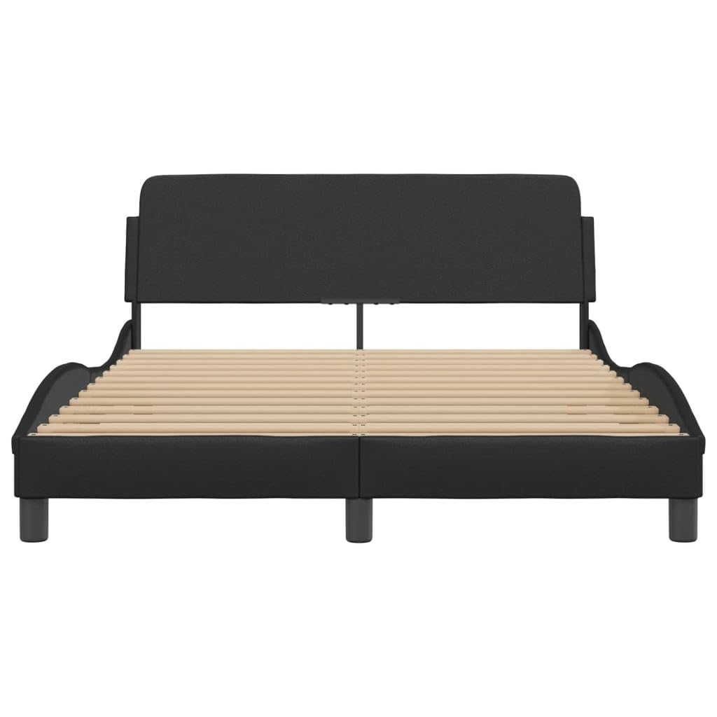 vidaXL Elegant Double Bed Frame with Headboard - Black Faux Leather/Metal/Pine Wood Bedroom Furniture, 81.9"x55.9", Supports and Plywood Slats