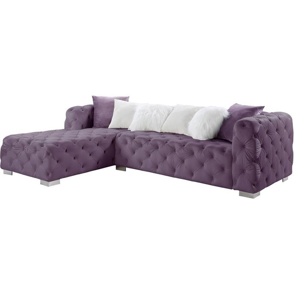 Acme Qokmis Tufted Upholstered Sectional Sofa with 6 Pillows in Purple Velvet