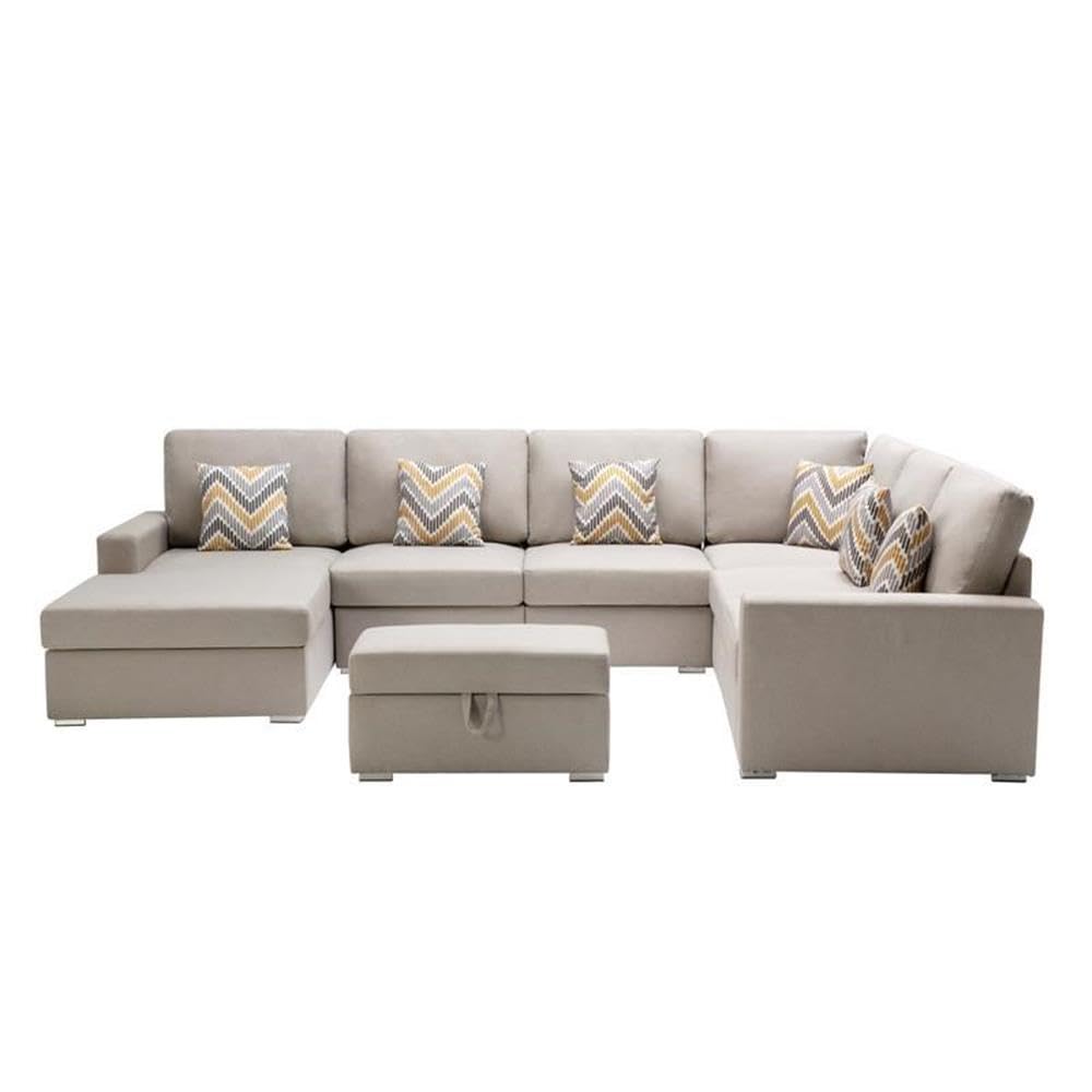 Lilola Home Nolan Beige Linen Fabric 7Pc Reversible Chaise Sectional Sofa with Interchangeable Legs, Pillows and Storage Ottoman