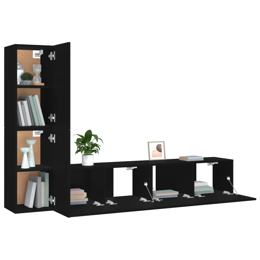 vidaXL TV Stand Set 4 Piece, Wall Mounted Entertainment Center, TV Stand Console with Storage, Modern Style, Black Engineered Wood
