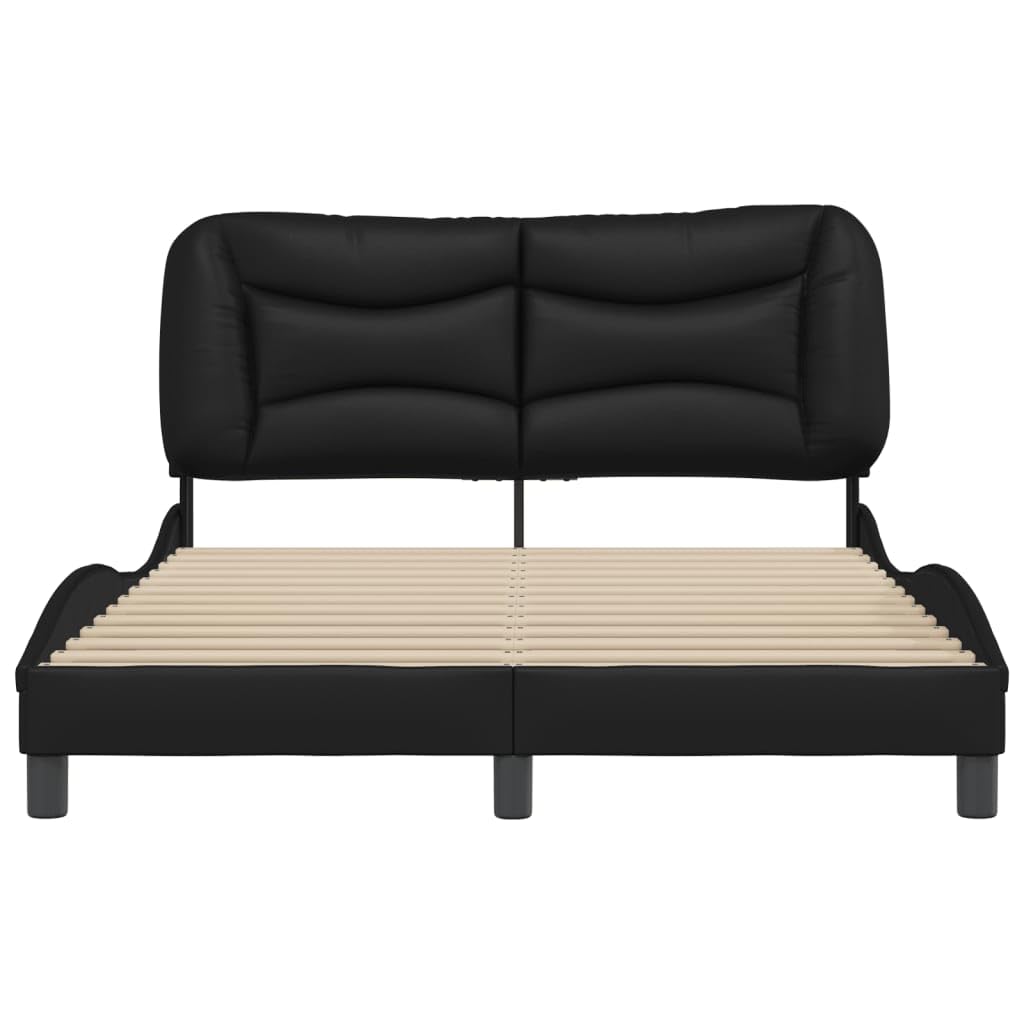 vidaXL Full-Size Bed Frame & Headboard in Black Faux Leather with Waved Design, Plywood Slats & Plush Cushion - Elegant Bedroom Furniture