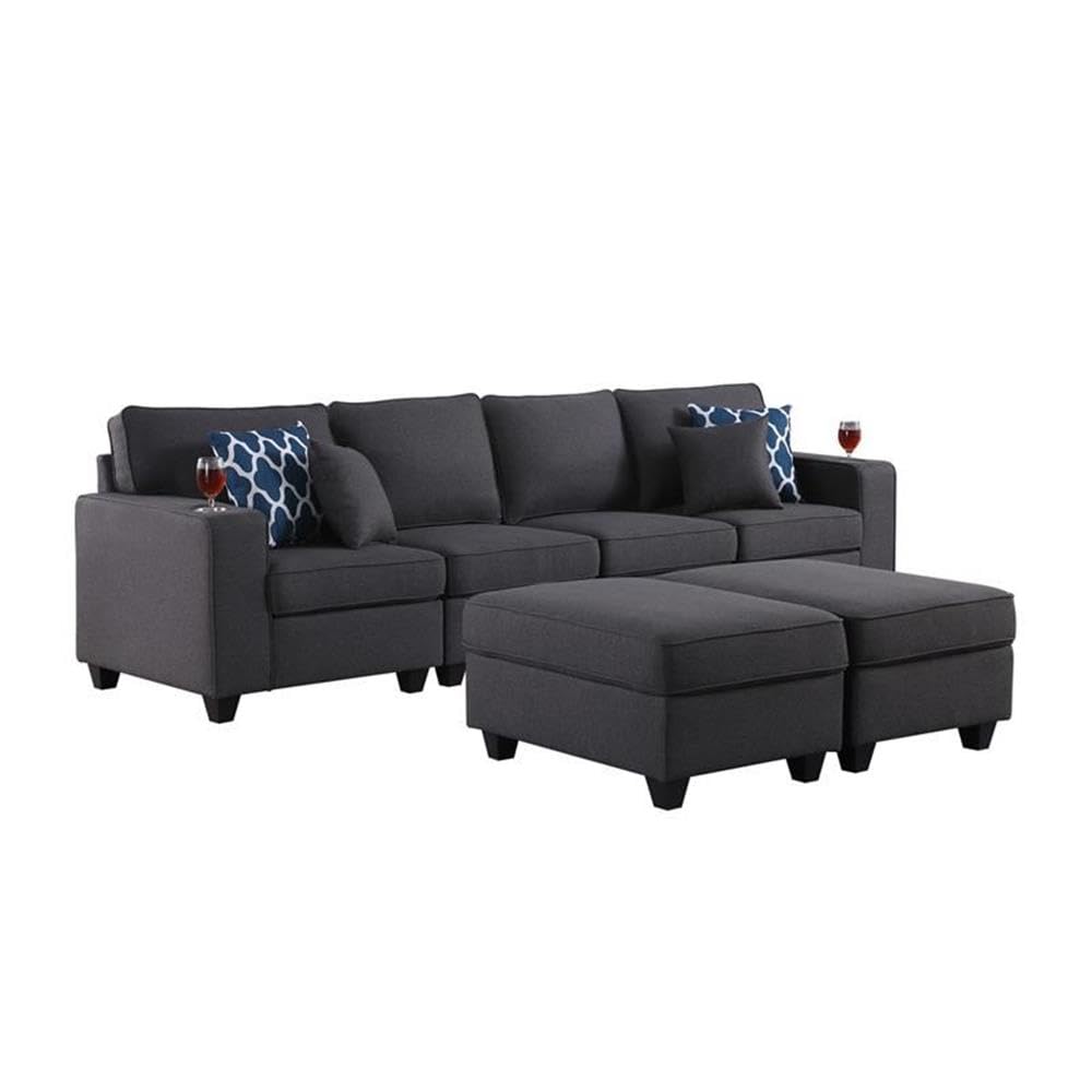 Lilola Home Cooper Dark Gray Linen 4-Seater Sofa with 2 Ottomans and Cupholder