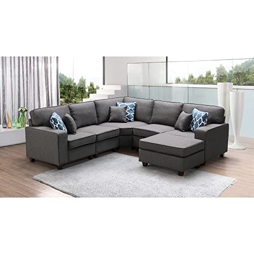 Lilola Home Sonoma Dark Gray Linen 6Pc Modular Sectional Sofa and Ottoman