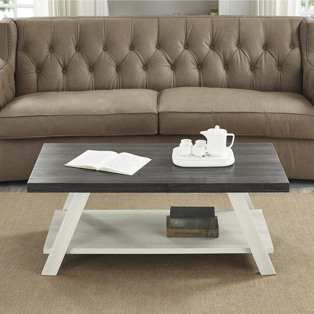 Athens Contemporary Two-Tone Wood Shelf Coffee Table In Weathered Charcoal And Beige