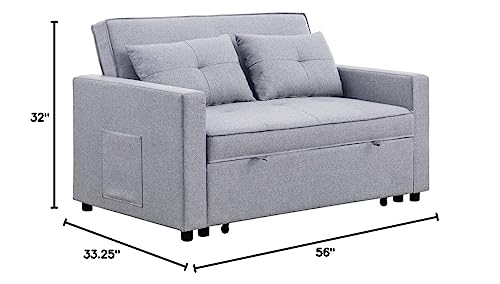 Lilola Home Zoey Light Gray Linen Convertible Sleeper Loveseat with Side Pocket