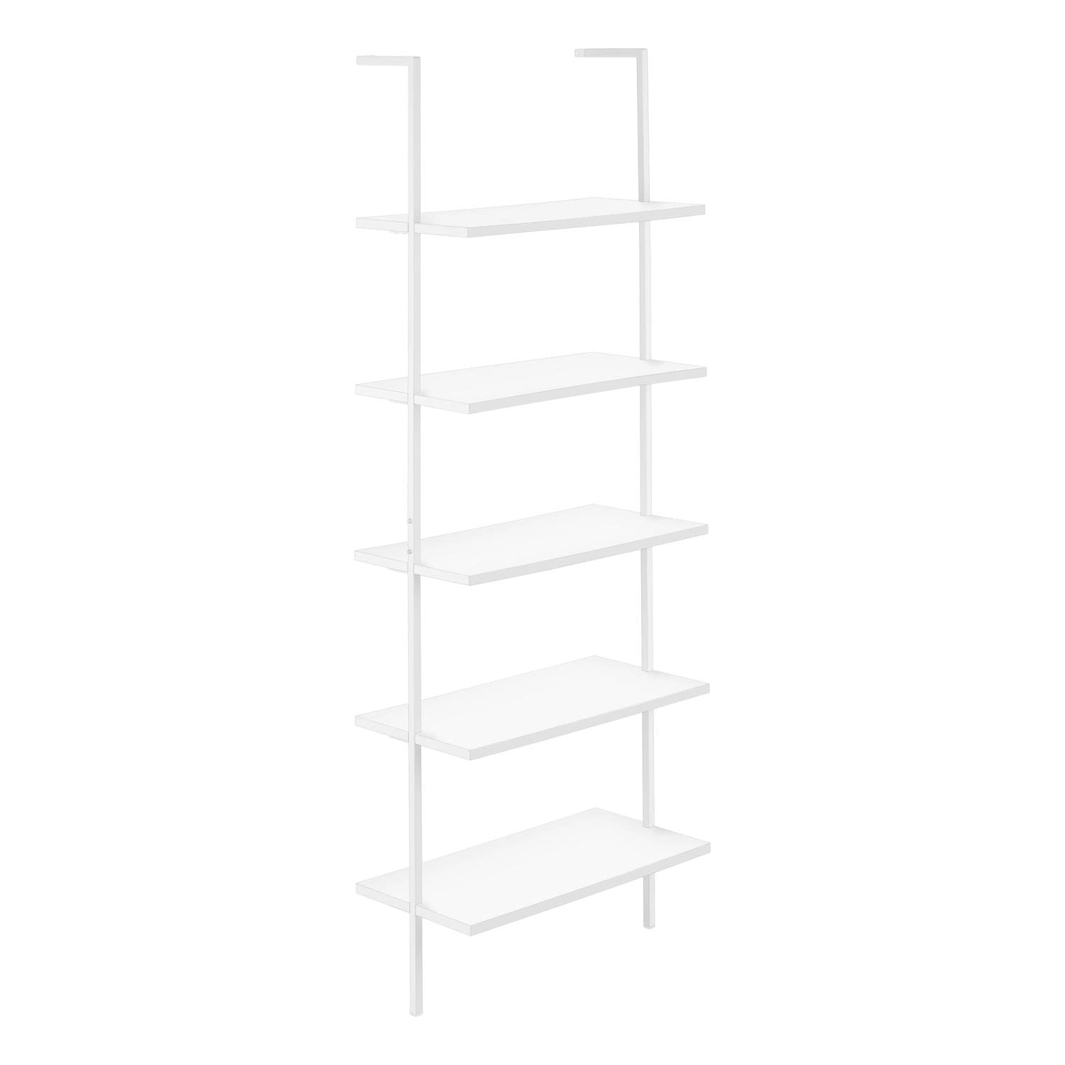Monarch Specialties I 3687 Bookshelf, Bookcase, Etagere, Ladder, 5 Tier, 72&quot; H, Office, Bedroom, Metal, Laminate, White, Contemporary, Modern