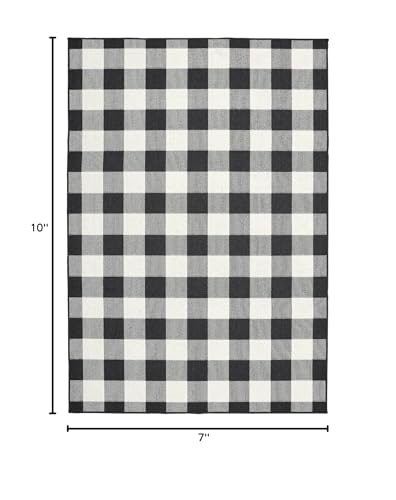 HomeRoots Polypropylene 7’x10’ Black and Ivory Gingham Indoor Outdoor Area Rug