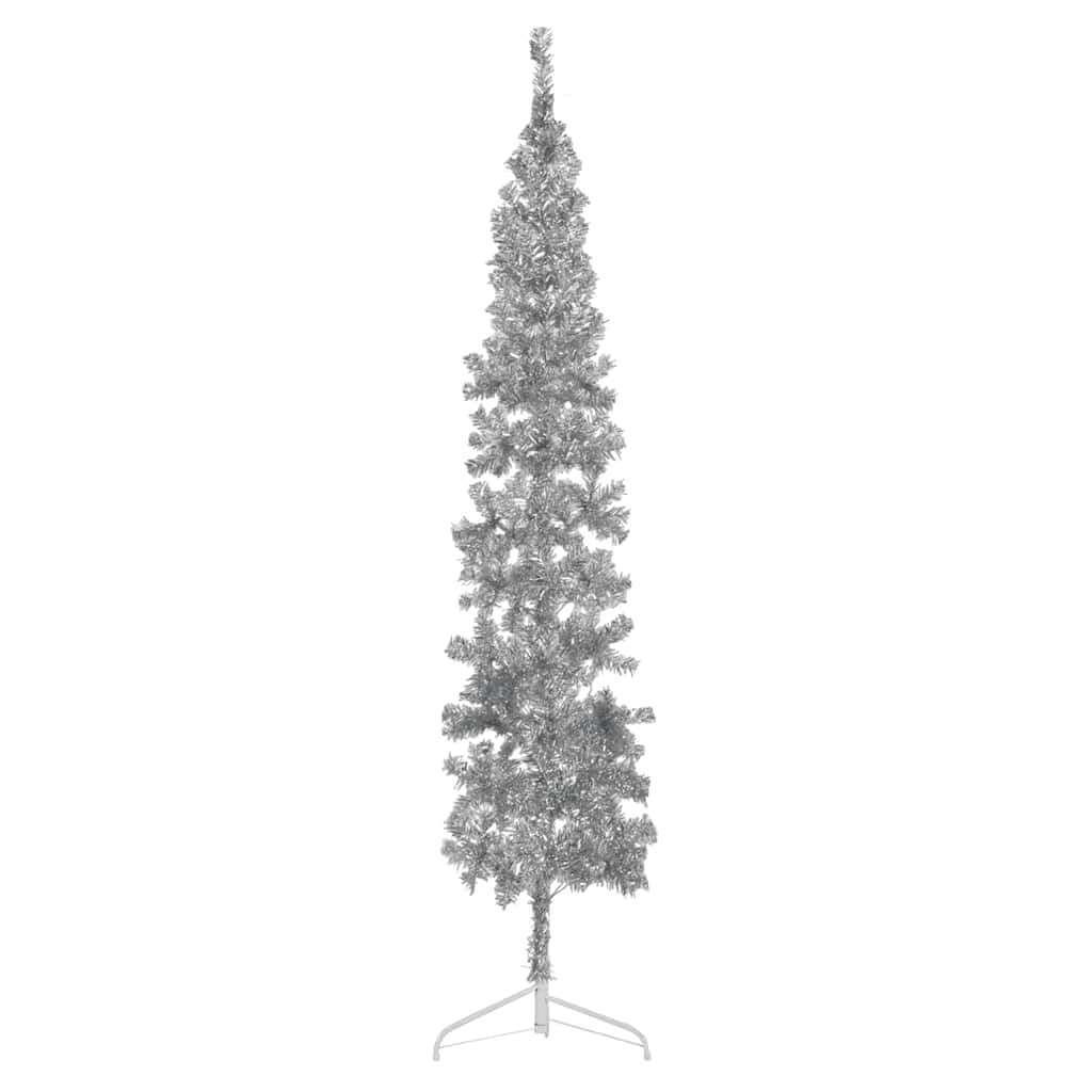 vidaXL Slim Artificial Half Christmas Tree with Stand - Space-Saving, Reusable and Easy to Assemble Silver Modern Xmas Tree, Ideal for Small Spaces - 8 ft