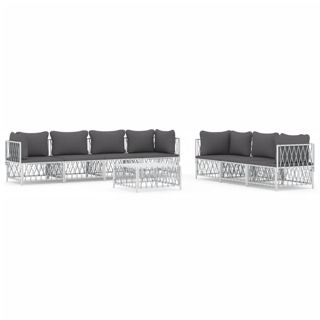 vidaXL 8 Piece White & Gray Patio Lounge Set with Cushions - Modular Outdoor Sofa Set - Durable Steel - Textilene - Woven Fabric - Comfortable Backrest