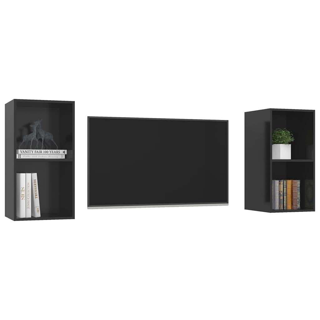 vidaXL Wall-Mounted TV Stands, 2 pcs Set, High Gloss Black, Engineered Wood, with Abundant Storage Compartments, Easy to Clean, Suitable for Various Installation Directions
