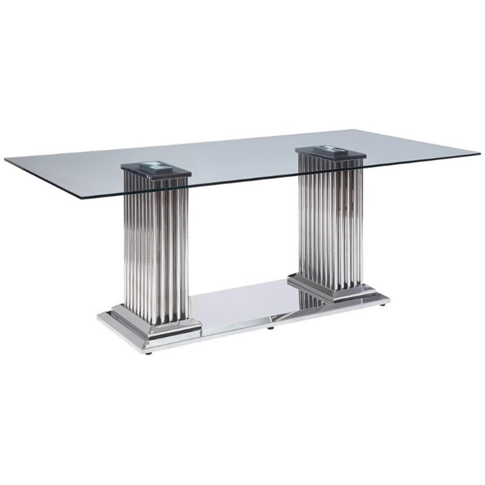 Acme Furniture Cyrene Dining Table in Stainless Steel and Clear Glass