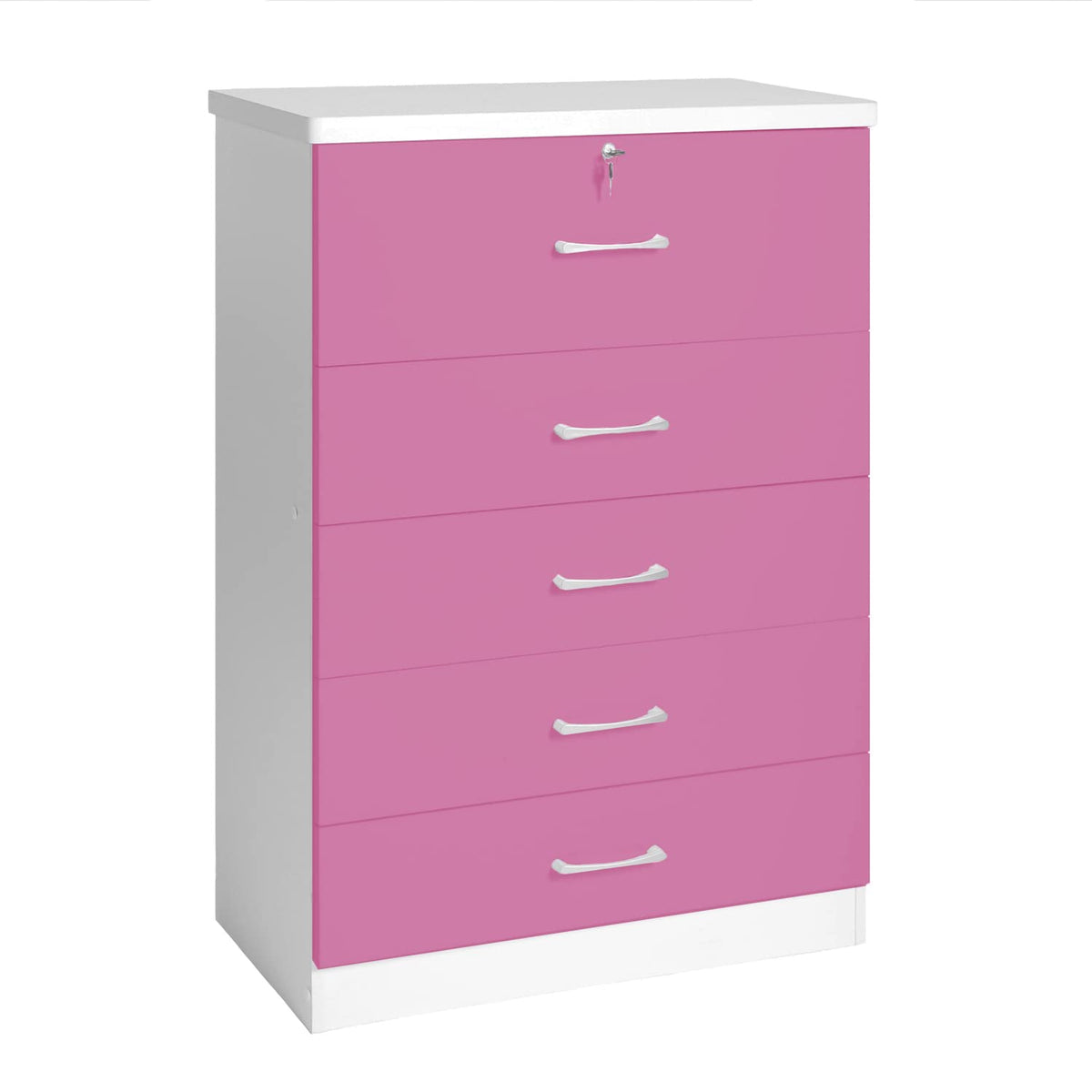 Better Home Products 5 Drawer Chest; Storage Dresser With Lock - Requires Assembly. (5927 White/Pink)