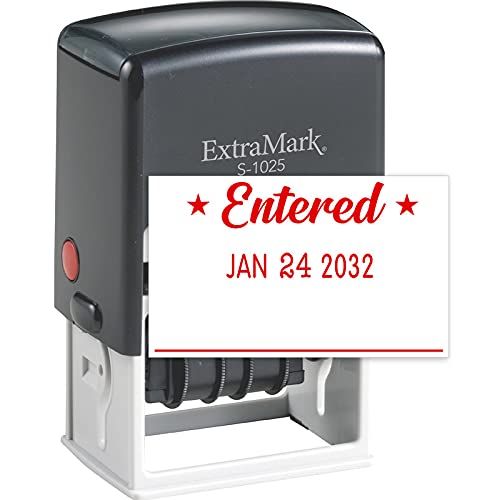 Extramark S-1025 Professional Self Inking Office Date Stamp With 'Entered' Phrase - Style P - Red Color Ink
